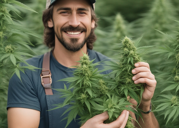 grower holding a fresh cut cannabis plant